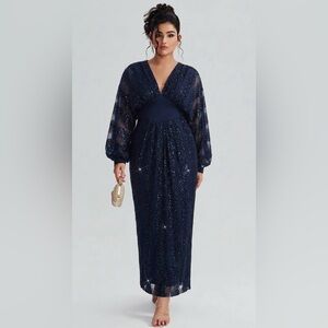 Curveins Plus Size V-Neck Sequin Balloon Sleeve Back-Slit Elegant Evening Maxi